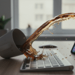 cup of coffee tipping over and spilling onto a keyboard and a small tablet