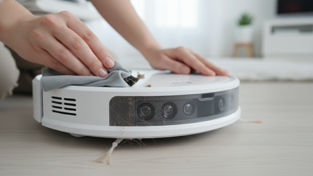 carefully cleaning the sensors on a robot vacuum cleaner
