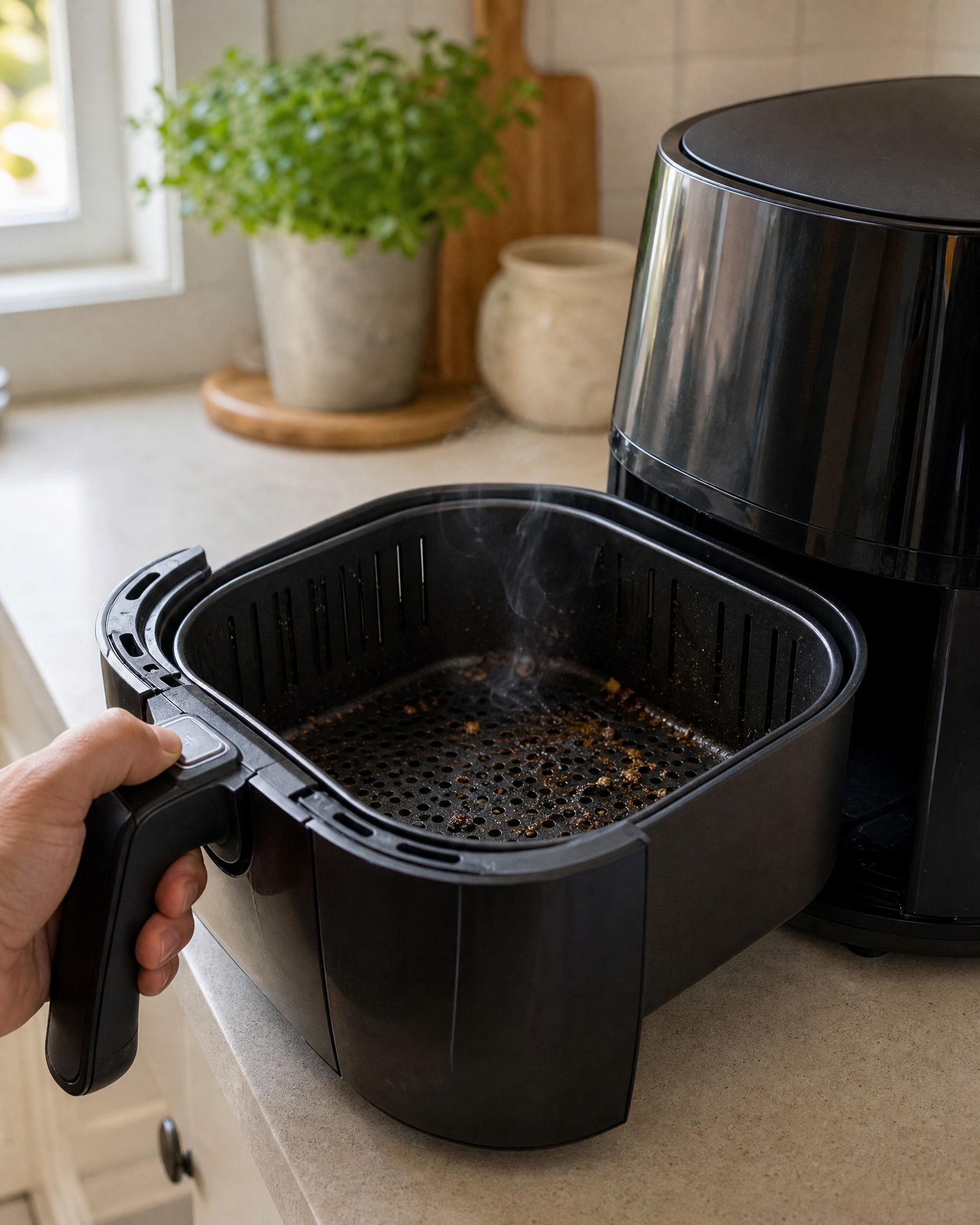 Air fryer basket with cooking residue and a small amount of smoke from grease