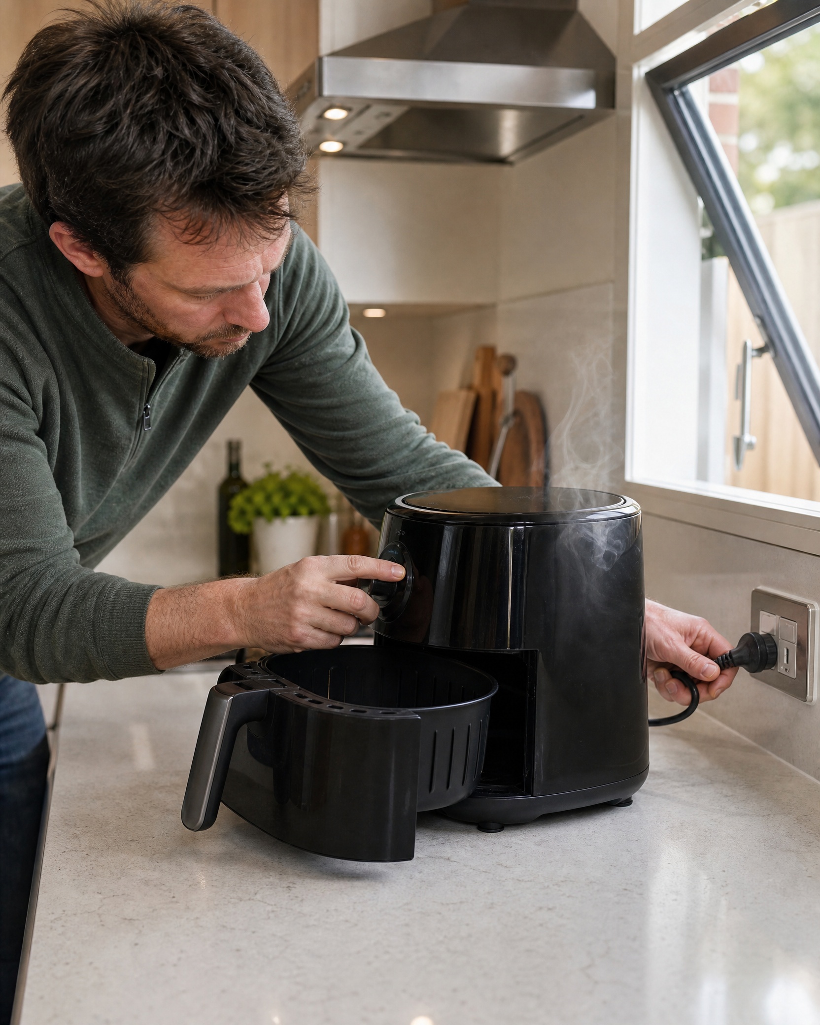 Homeowner safely switching off and unplugging a smoking air fryer