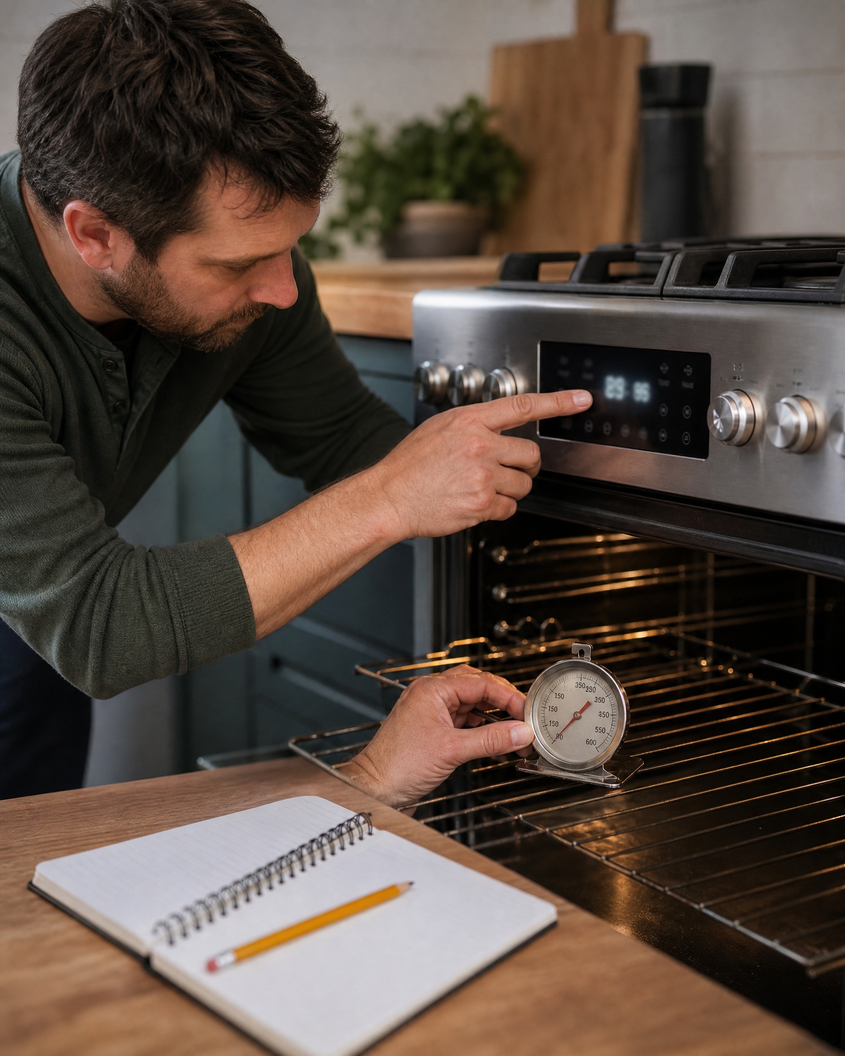 Homeowner comparing oven controls with a thermometer reading