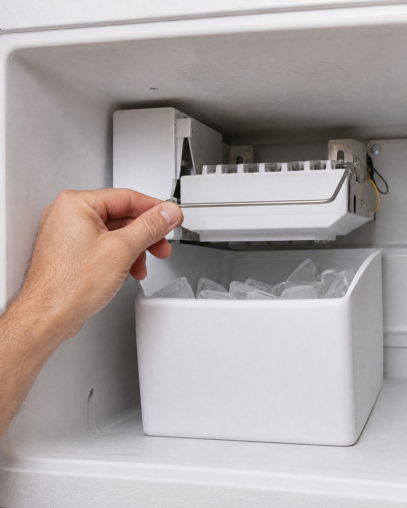 Hand checking the bail arm on a refrigerator ice maker