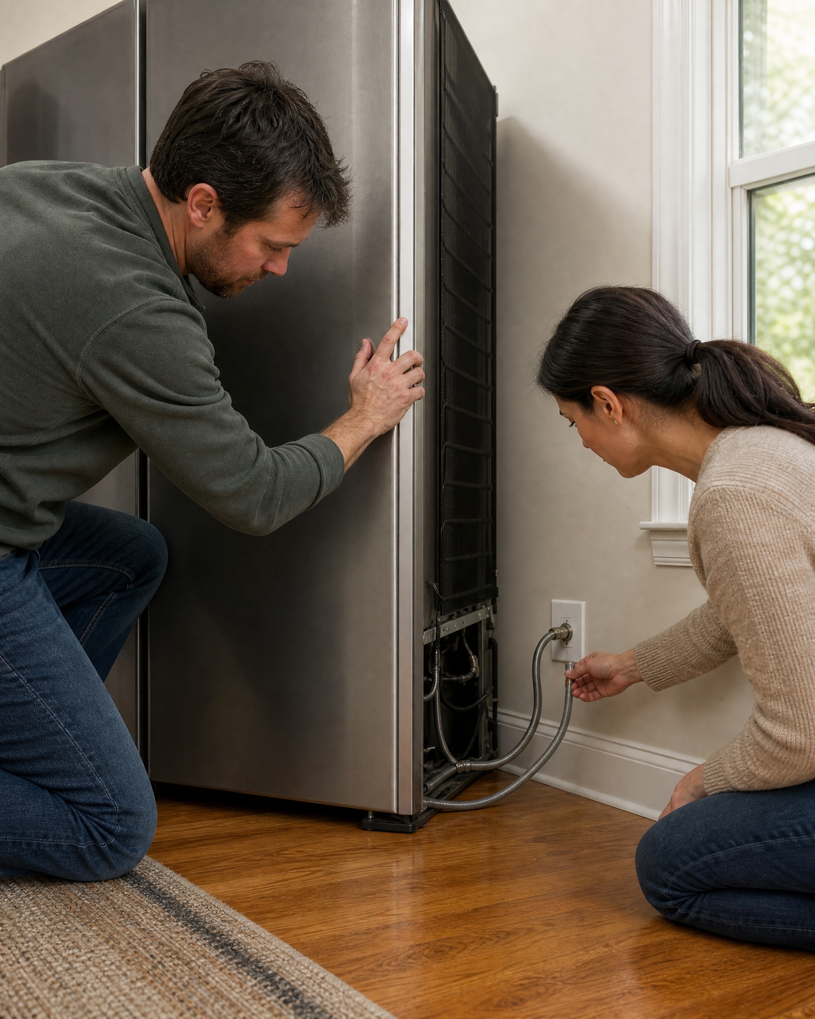 Homeowners inspecting a refrigerator water supply line