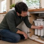 Homeowner inspecting an under-sink water filter faucet system