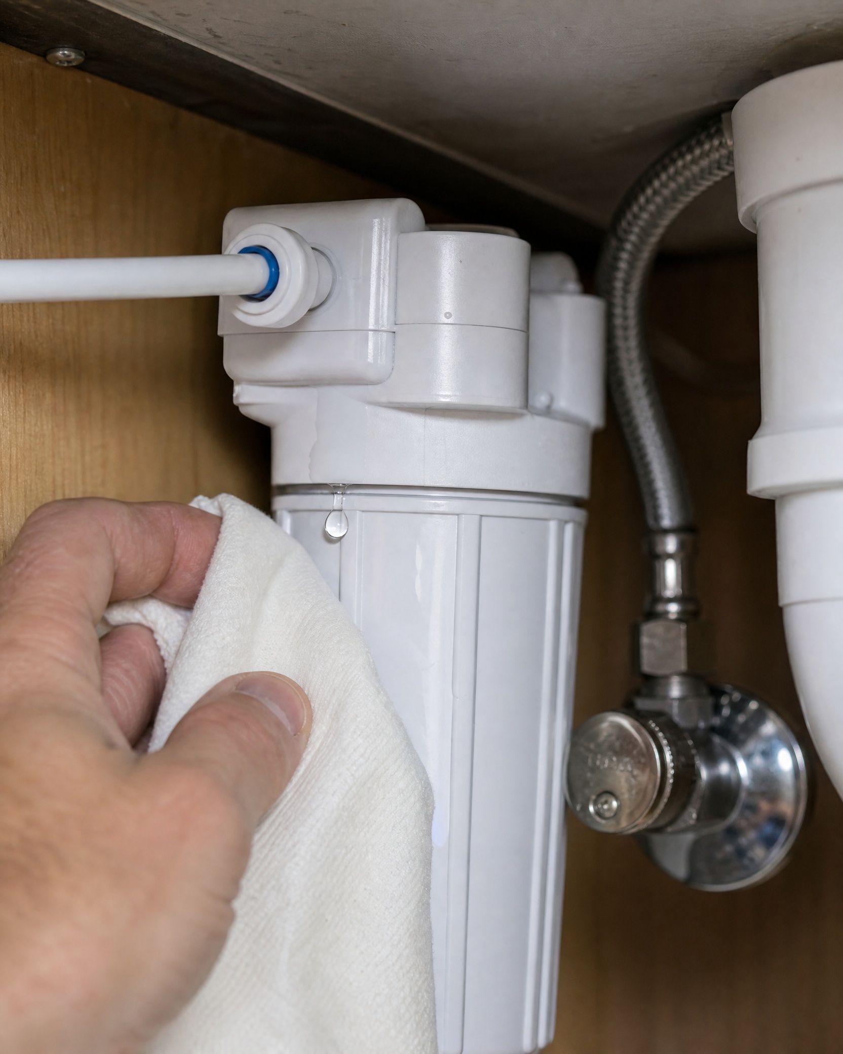 Close-up of a water filter fitting with a visible leak droplet