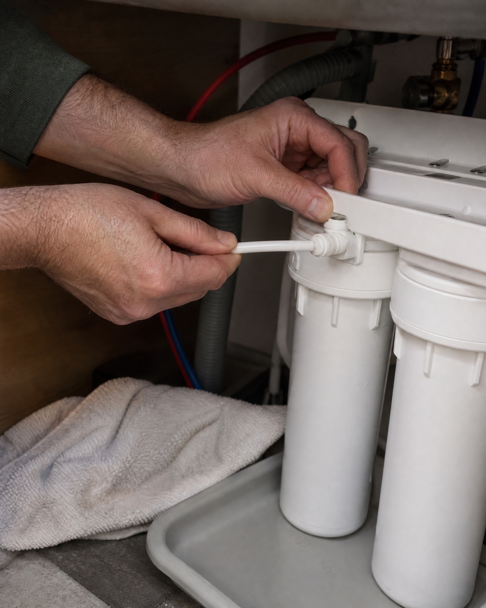 Hands reseating tubing into a push-fit water filter fitting