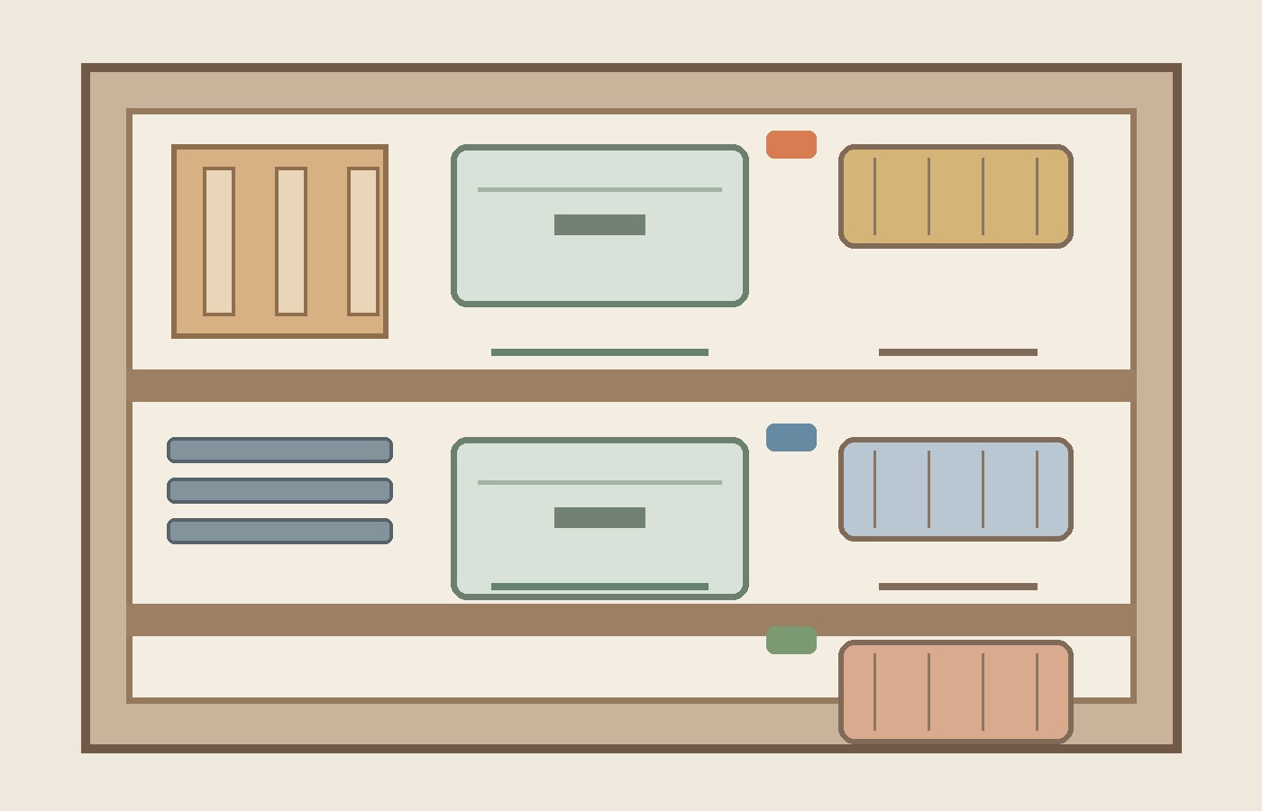 Open kitchen cabinet with vertical tray dividers, pull-out bins, and grouped storage baskets