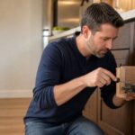 open kitchen drawer with a homeowner inspecting its metal slide