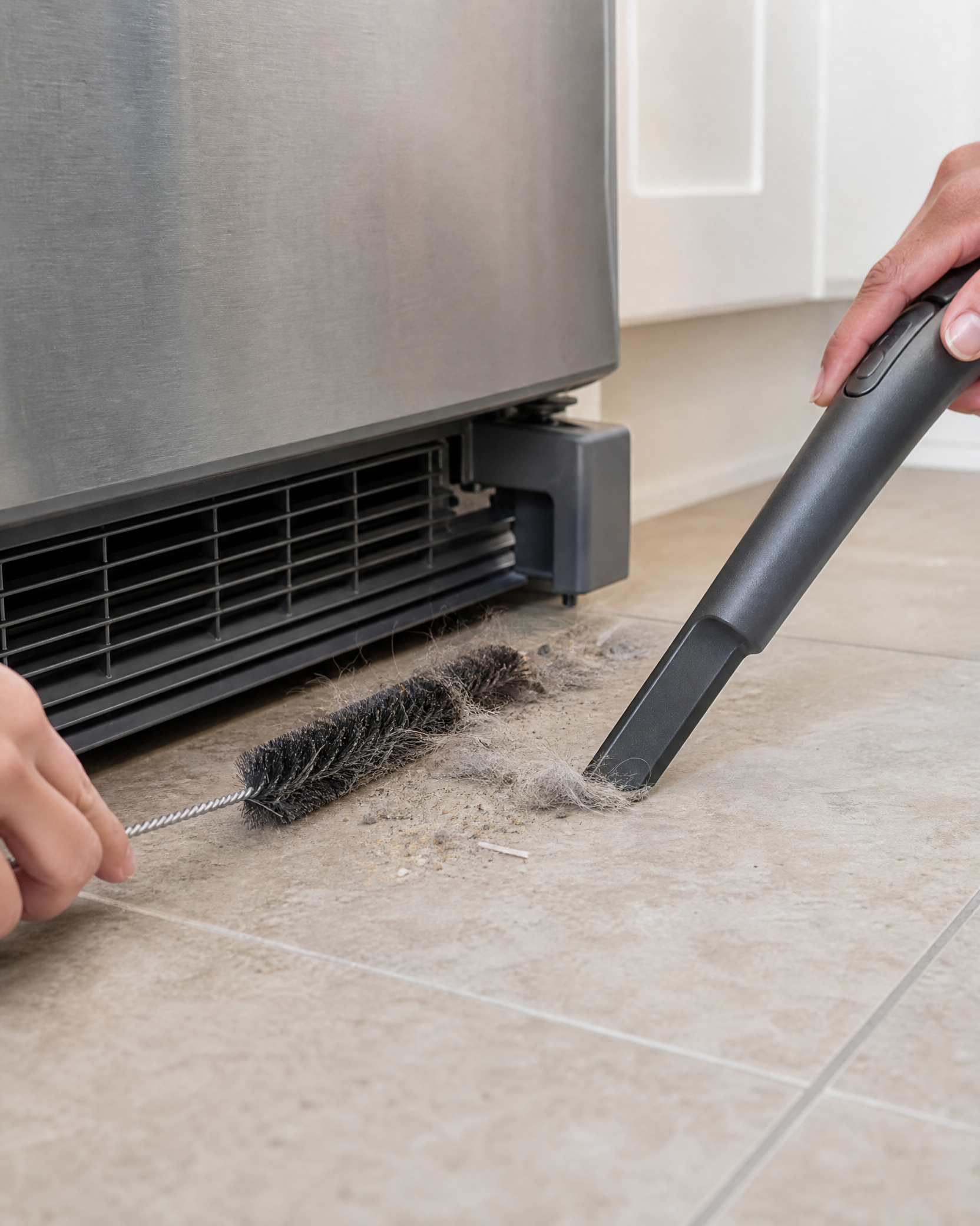soft coil brush and vacuum crevice tool removing pet hair and dust beside a refrigerator base grille