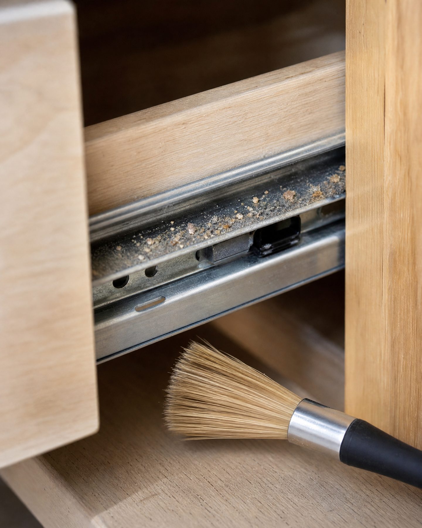 Close-up of crumbs and debris trapped in a metal drawer slide track with a small brush nearby