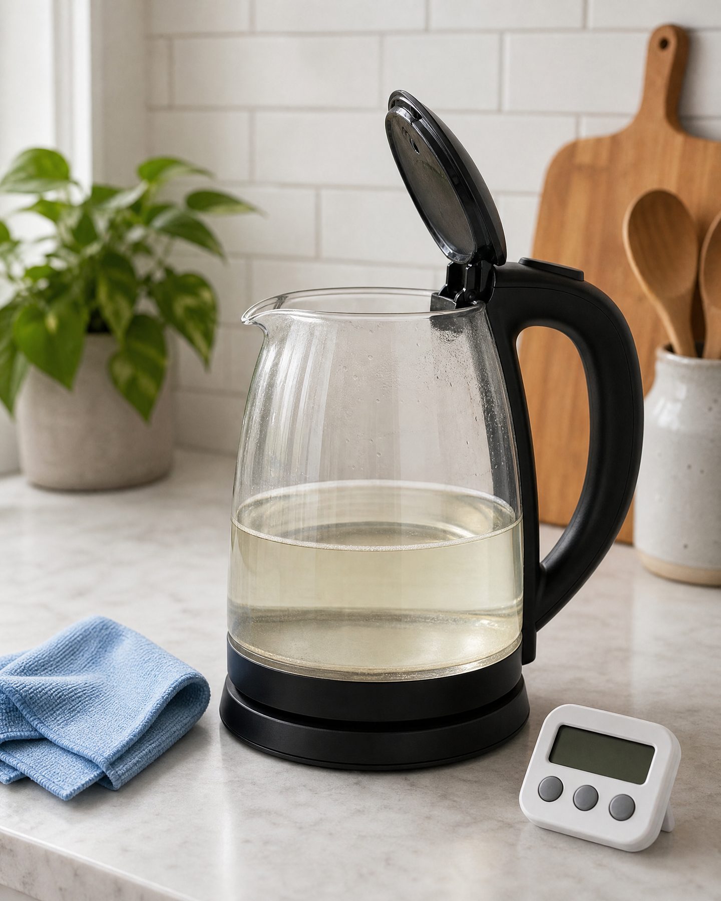 clear electric kettle filled with diluted vinegar solution sitting on its base, unplugged