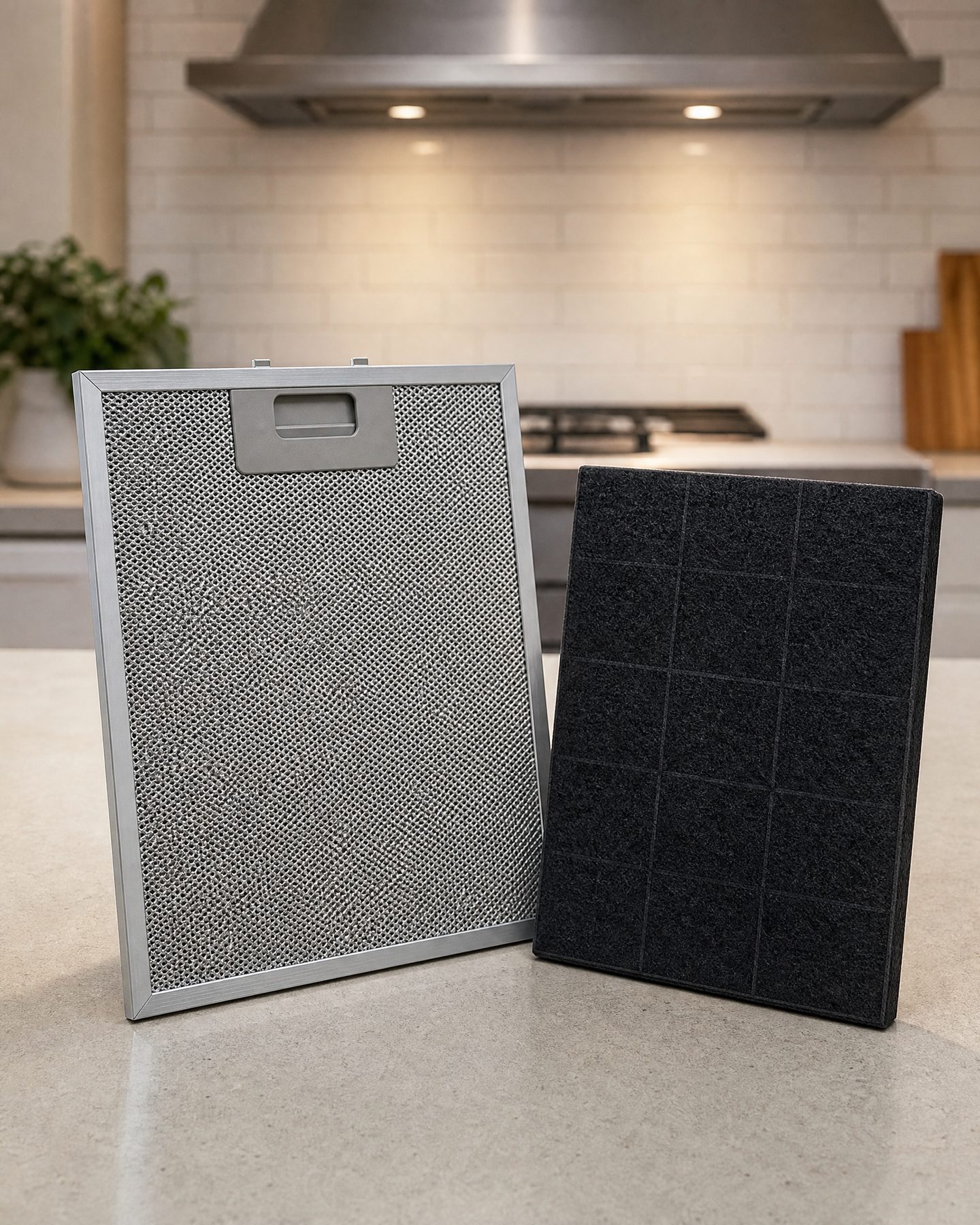 Metal mesh grease filter next to a dark charcoal filter on a neutral background