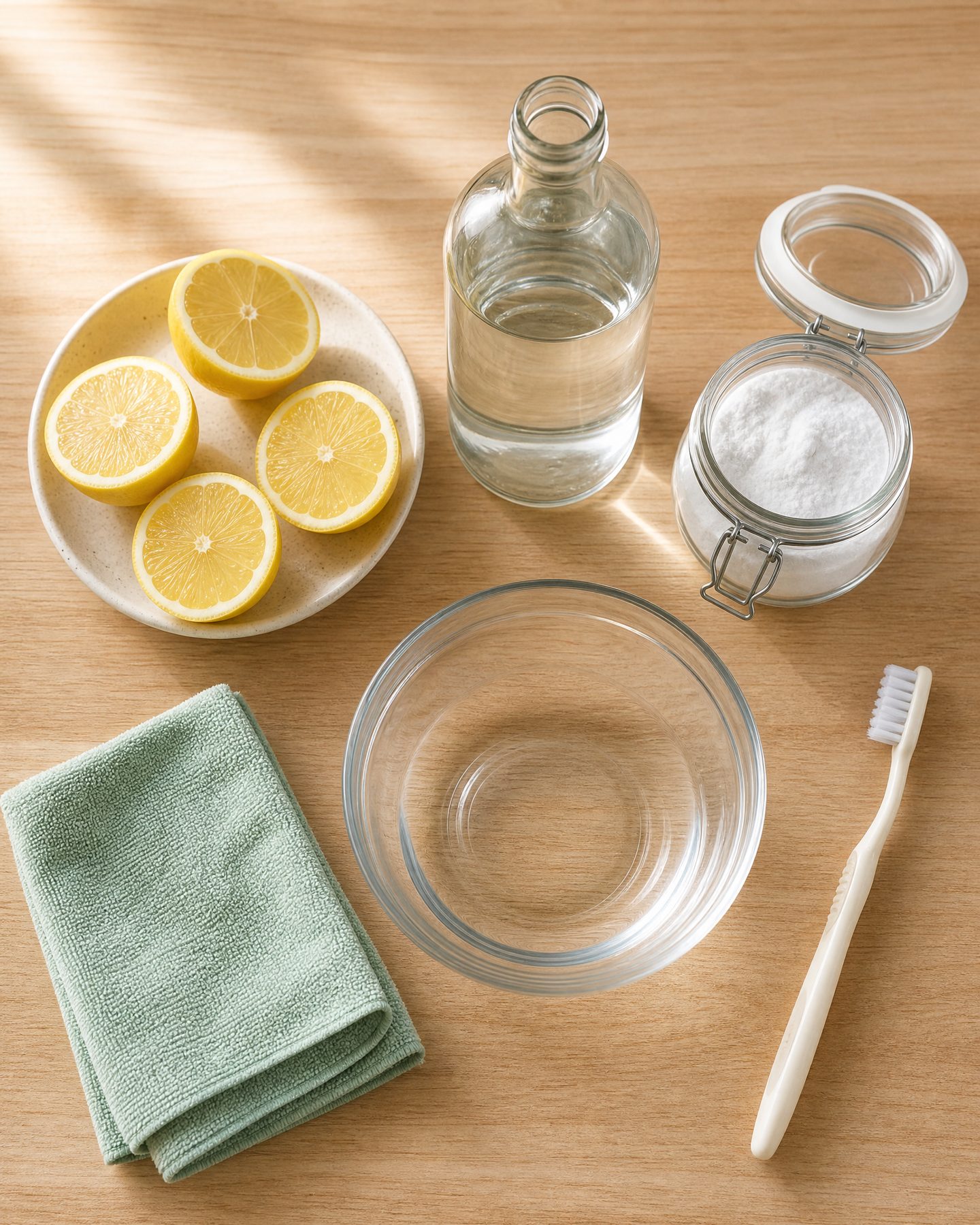 lemon, white vinegar, baking soda, bowl, microfiber cloth, soft toothbrush arranged on a wooden surface