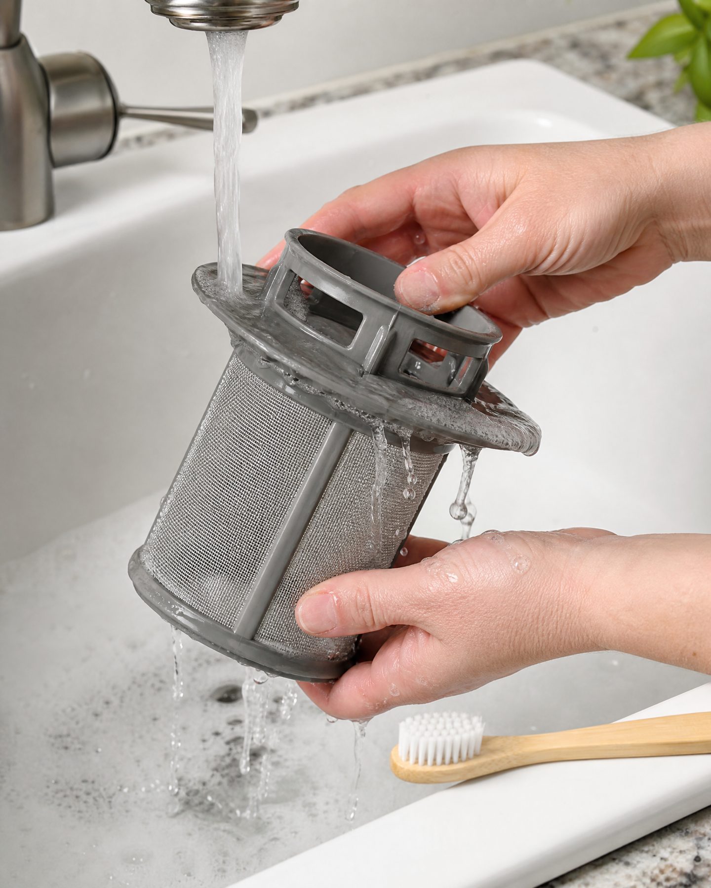 close-up of dishwasher filter being rinsed under kitchen faucet with soft toothbrush nearby