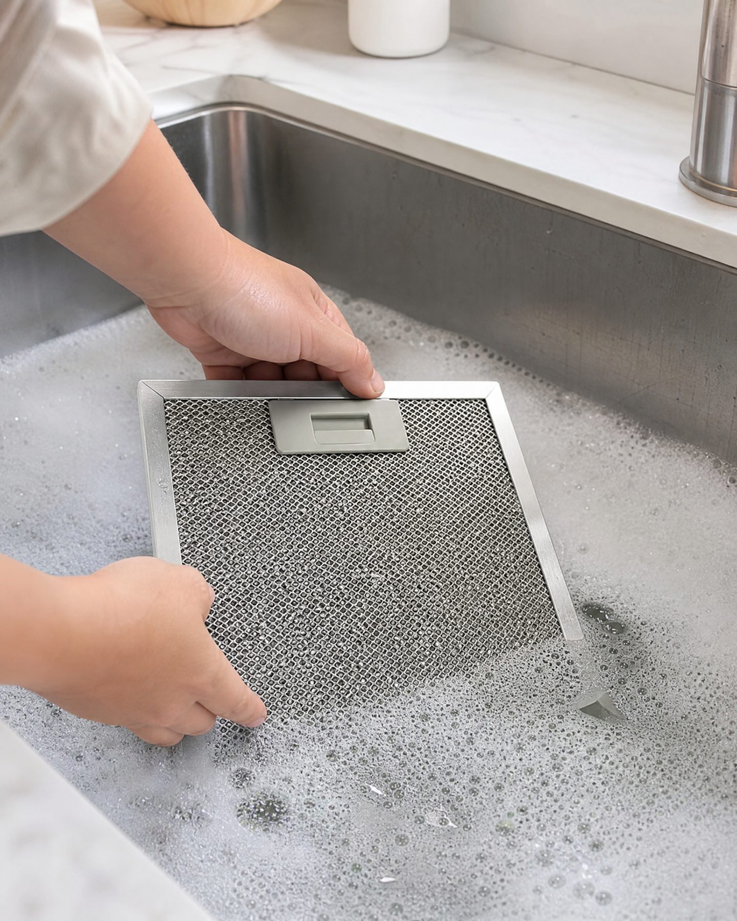 Hands soaking a metal range-hood filter in a sink filled with hot soapy water
