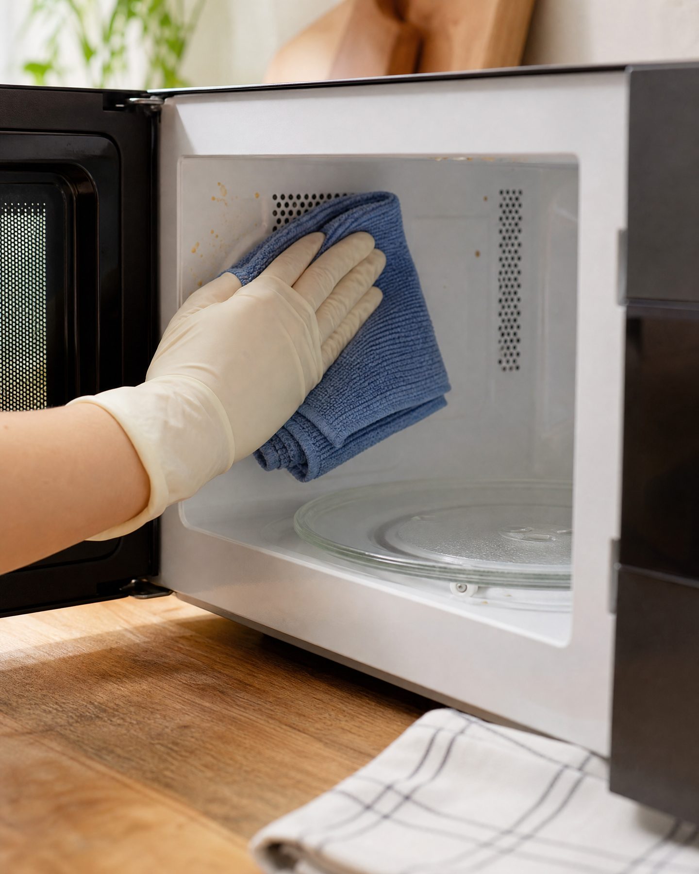 gloved hand wiping microwave interior with microfiber cloth